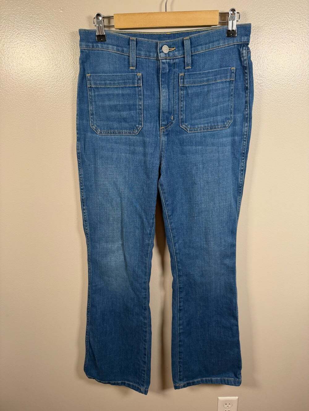 Outerknown Paramour Flare Jeans Size 29 High Rise Patch Pockets Retro Blue